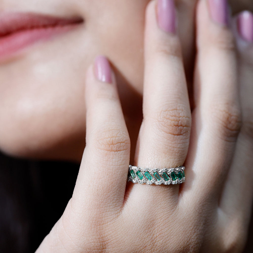 Emerald Eternity Ring – Diamond Braided Half Eternity Band With Baguette Emerald