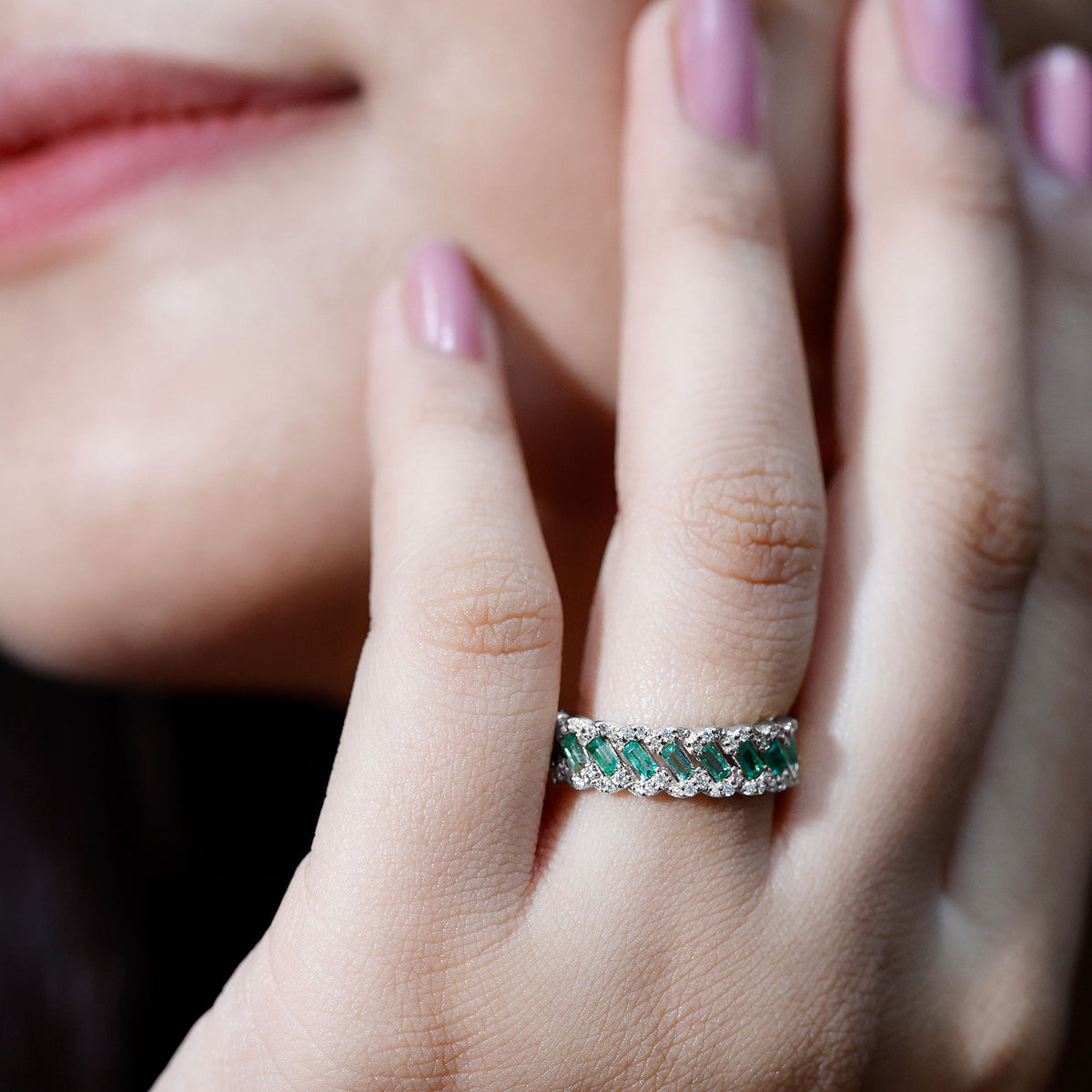 Emerald Eternity Ring – Diamond Braided Half Eternity Band With Baguette Emerald