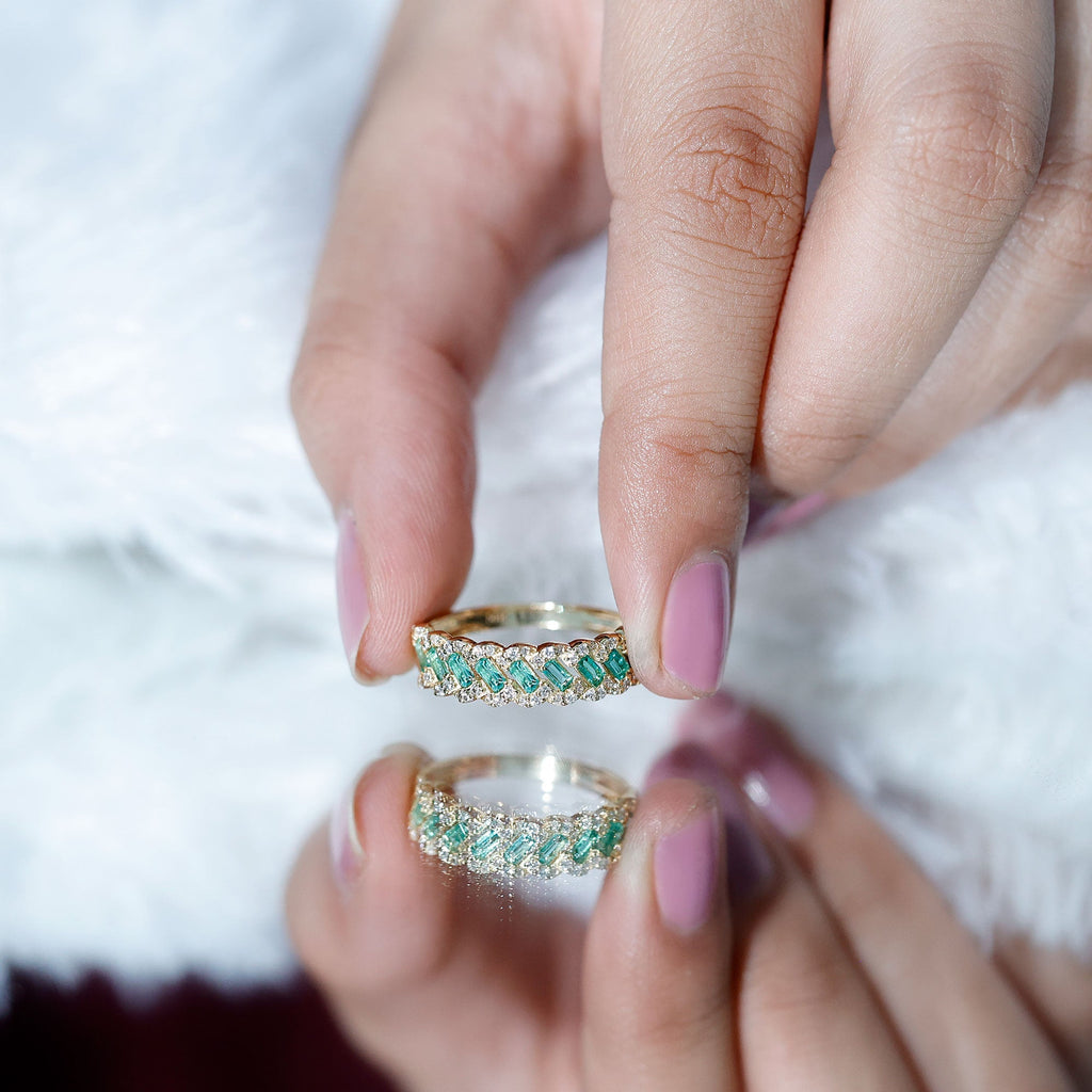 Emerald Eternity Ring – Diamond Braided Half Eternity Band With Baguette Emerald