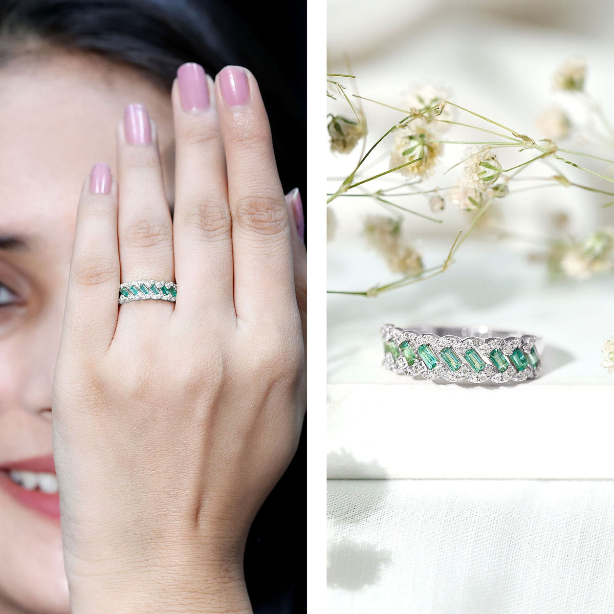Emerald Eternity Ring – Diamond Braided Half Eternity Band With Baguette Emerald