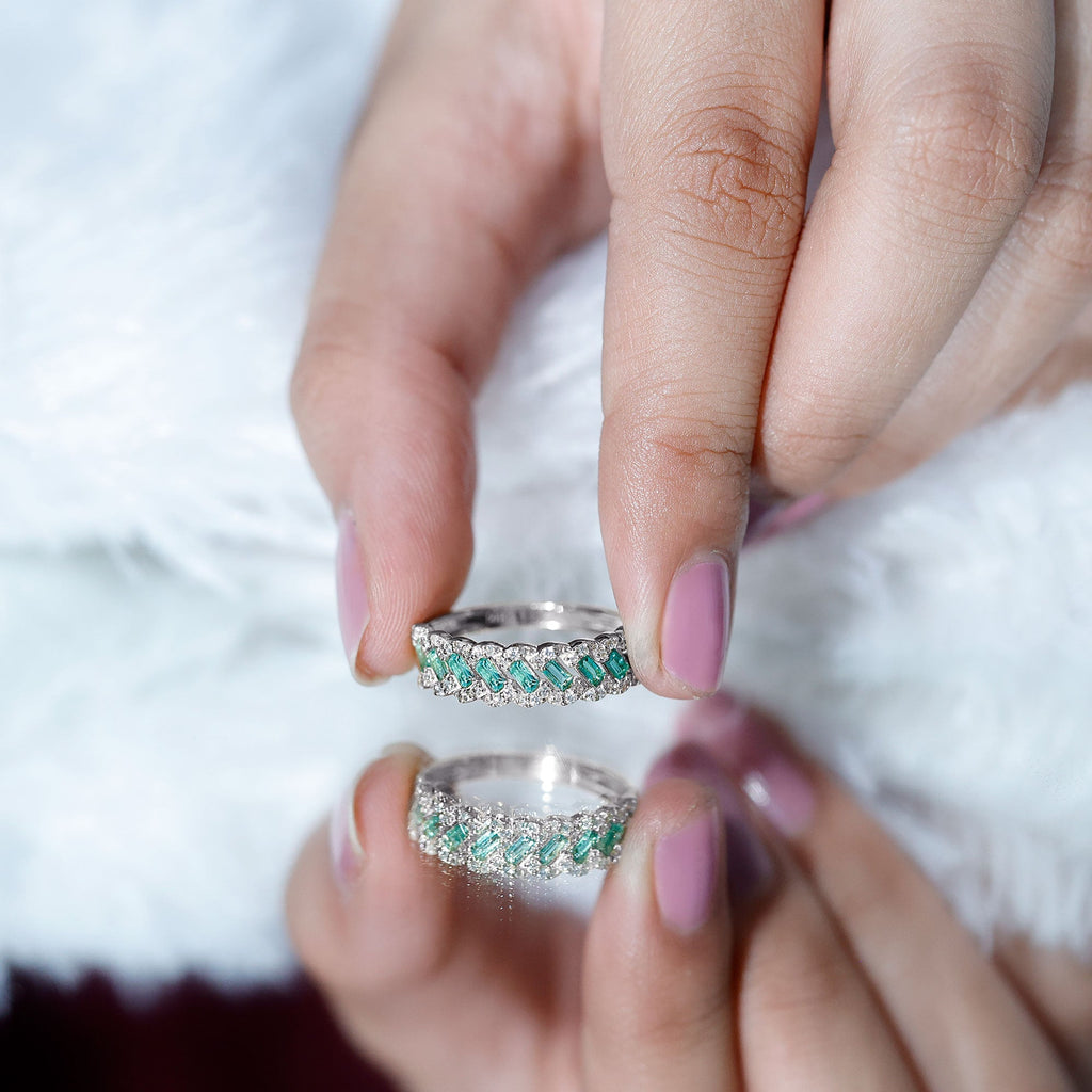 Emerald Eternity Ring – Diamond Braided Half Eternity Band With Baguette Emerald