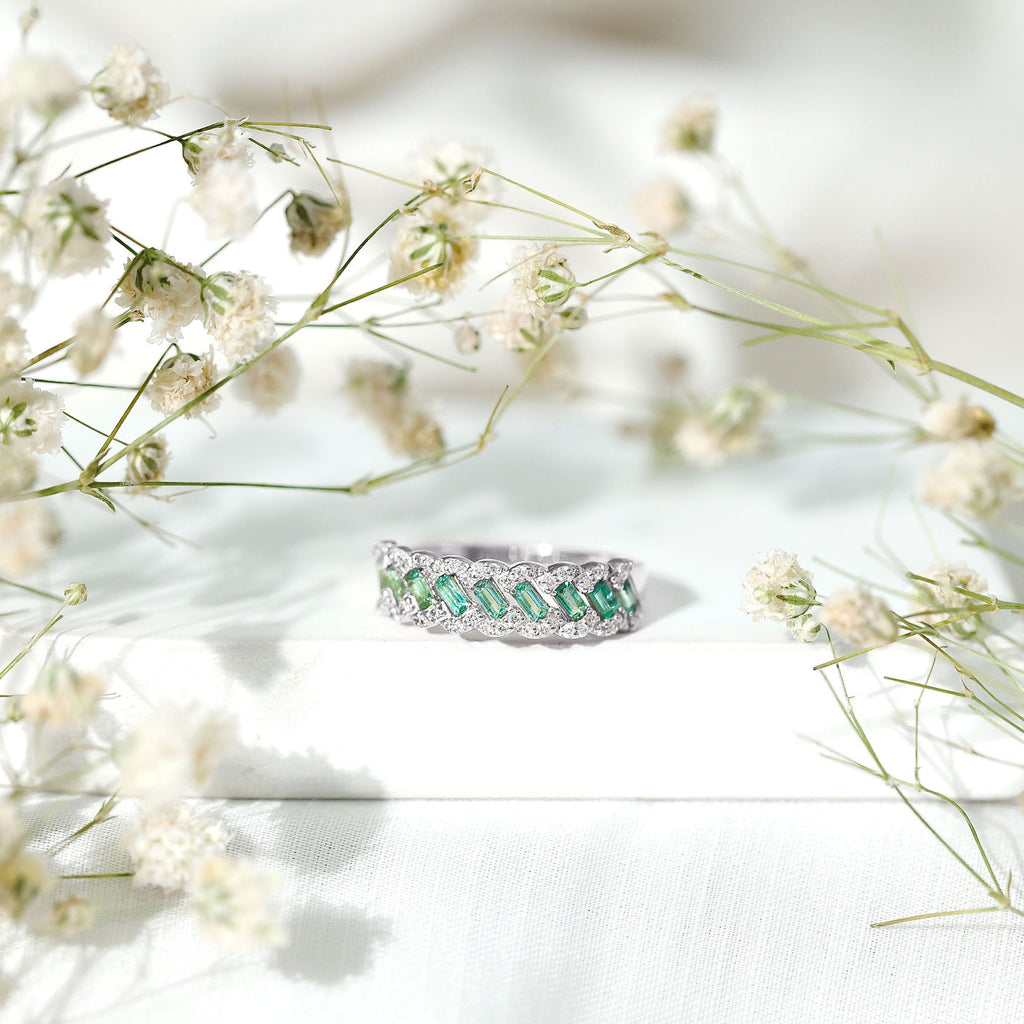 Emerald Eternity Ring – Diamond Braided Half Eternity Band With Baguette Emerald