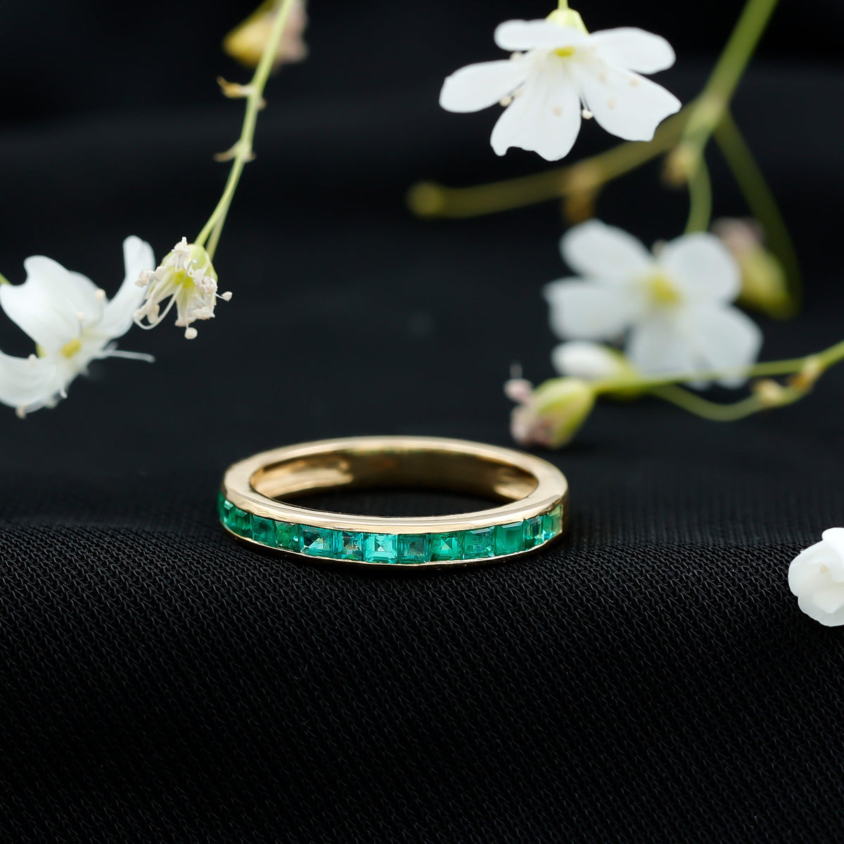 Emerald Eternity Ring – Half Eternity Band with Princess Cut Natural Emeralds