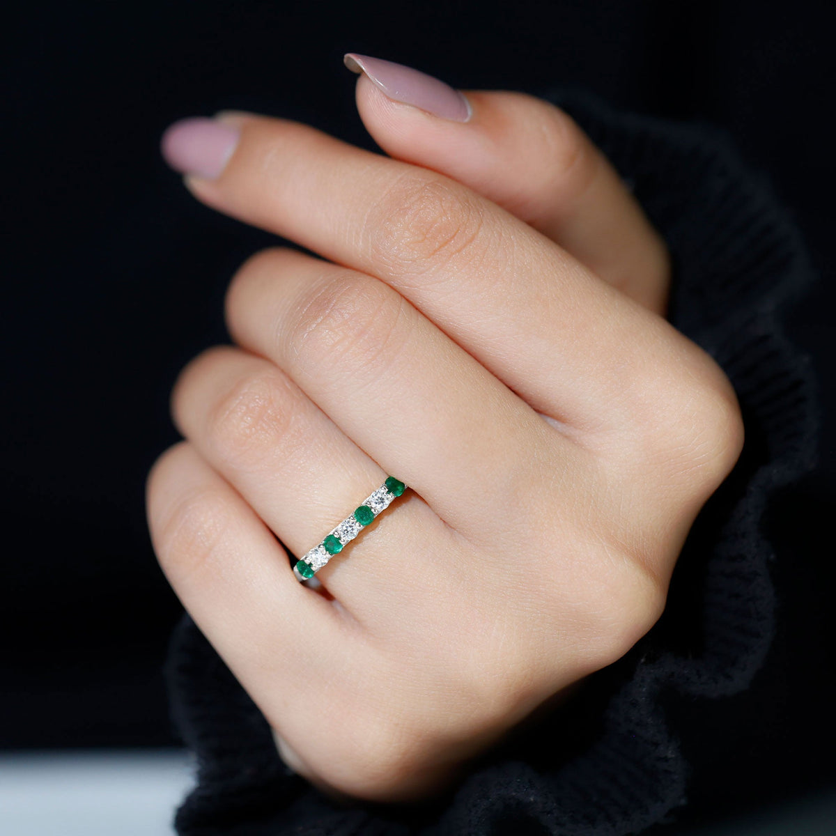 Emerald Eternity Ring – Half Eternity Band With Trellis Setting & Diamonds by Rosec Jewels