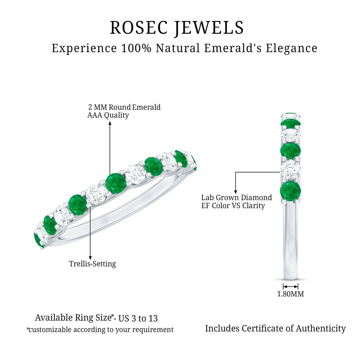 Emerald Eternity Ring – Half Eternity Band With Trellis Setting & Diamonds by Rosec Jewels