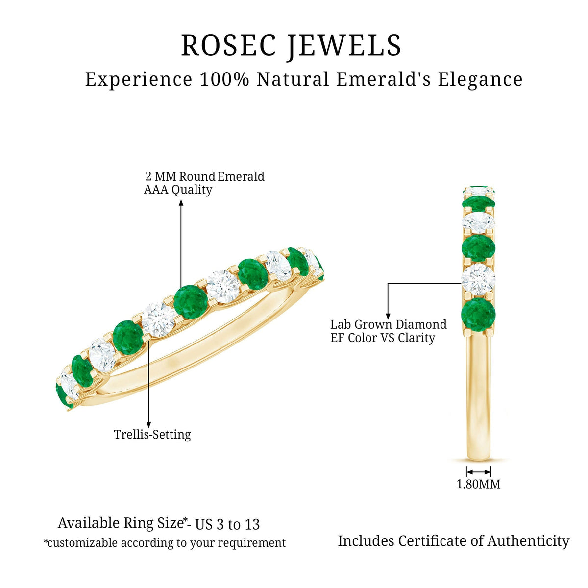 Emerald Eternity Ring – Half Eternity Band With Trellis Setting & Diamonds by Rosec Jewels