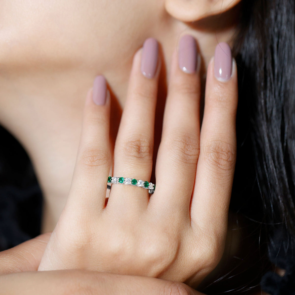 Emerald Eternity Ring – Half Eternity Band With Trellis Setting & Diamonds by Rosec Jewels