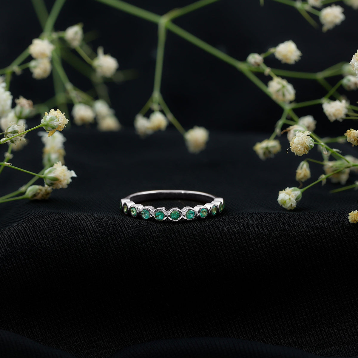 Emerald Eternity Ring – Half Eternity Bezel Set Stackable Green Gemstone Jewelry