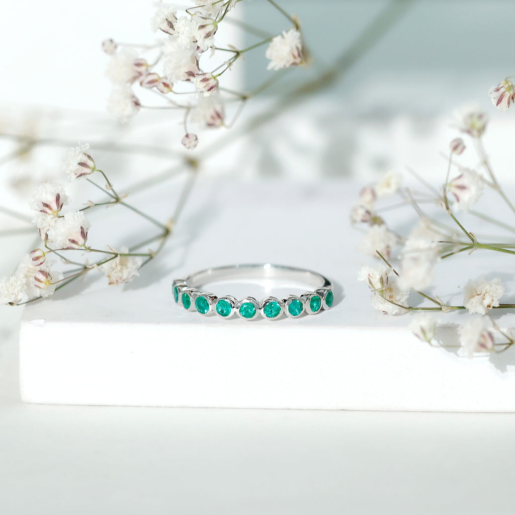 Emerald Eternity Ring – Half Eternity Bezel Set Stackable Green Gemstone Jewelry
