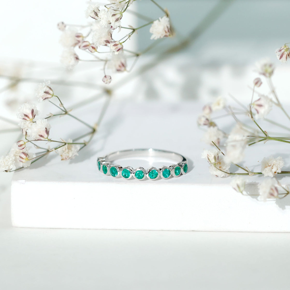 Emerald Eternity Ring – Half Eternity Bezel Set Stackable Green Gemstone Jewelry