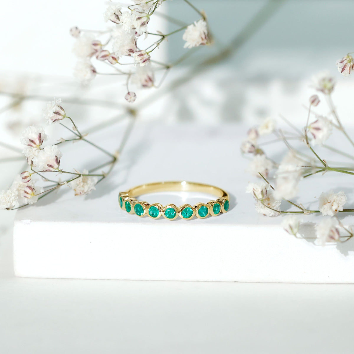 Emerald Eternity Ring – Half Eternity Bezel Set Stackable Green Gemstone Jewelry