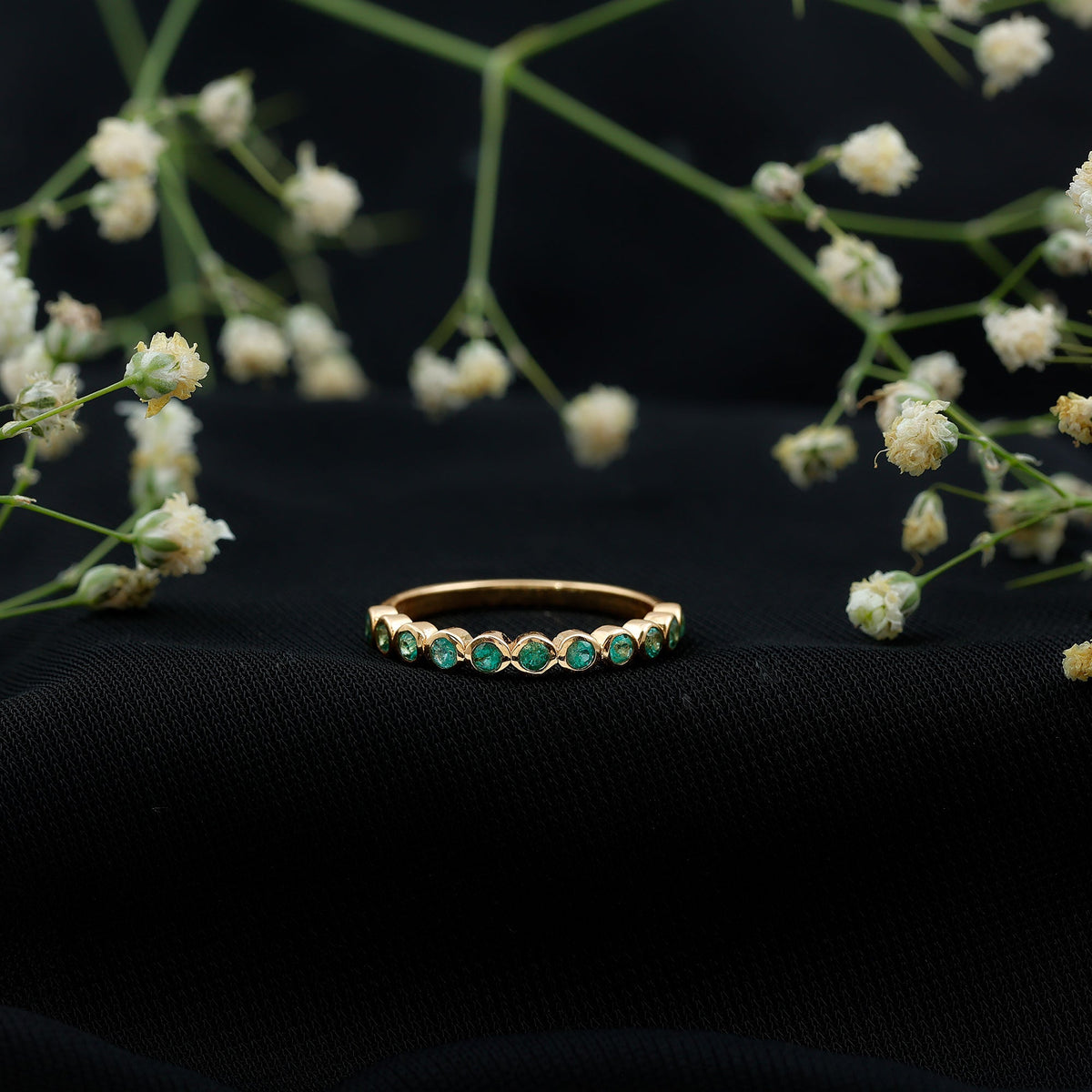 Emerald Eternity Ring – Half Eternity Bezel Set Stackable Green Gemstone Jewelry