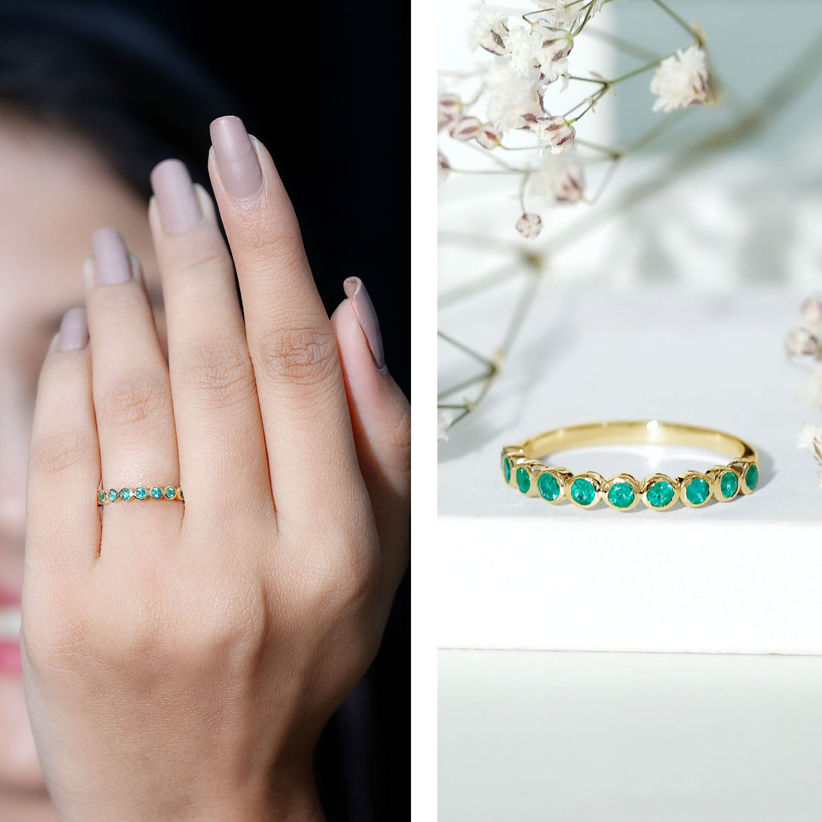 Emerald Eternity Ring – Half Eternity Bezel Set Stackable Green Gemstone Jewelry