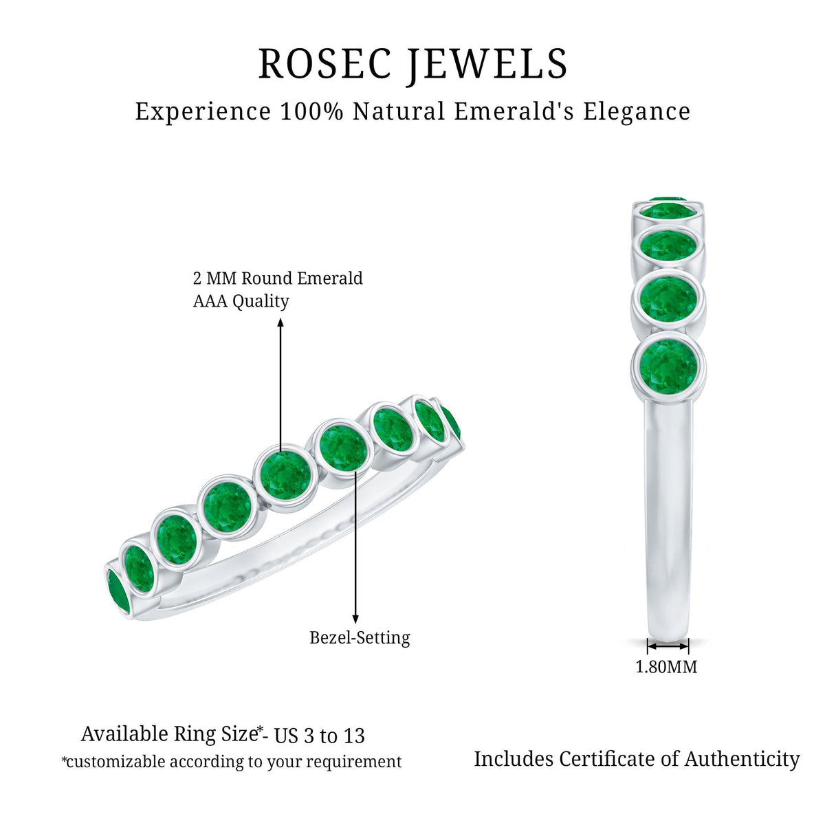 Emerald Eternity Ring – Half Eternity Bezel Set Stackable Green Gemstone Jewelry