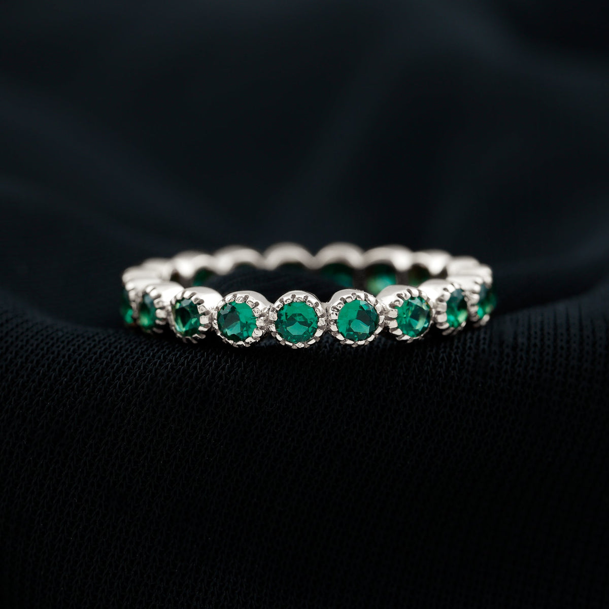 Emerald Eternity Ring – Lab Created Emerald Full Eternity Band in Bezel Setting