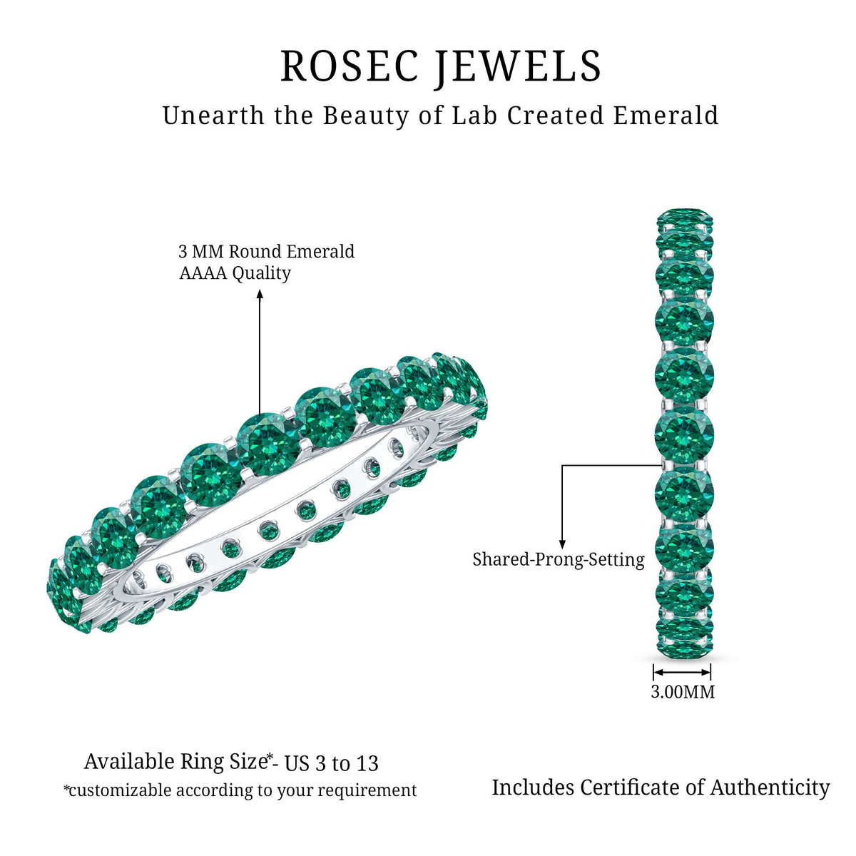 Emerald Eternity Ring – Lab Created Emerald Full Eternity Band with Round Cut Gemstones