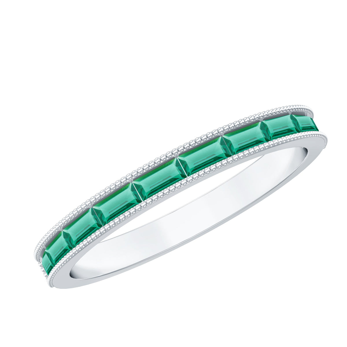 Emerald Eternity Ring – Lab Created Emeralds Baguette Cut | Beaded Detailing Band
