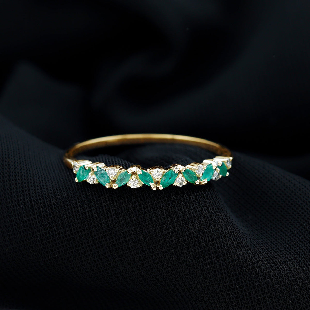 Emerald Eternity Ring – Marquise Emerald Half Ring with Diamond Prong Setting