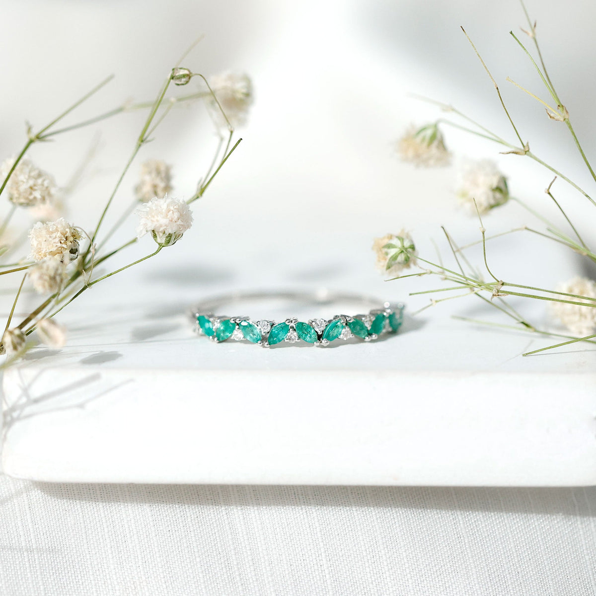Emerald Eternity Ring – Marquise Emerald Half Ring with Diamond Prong Setting