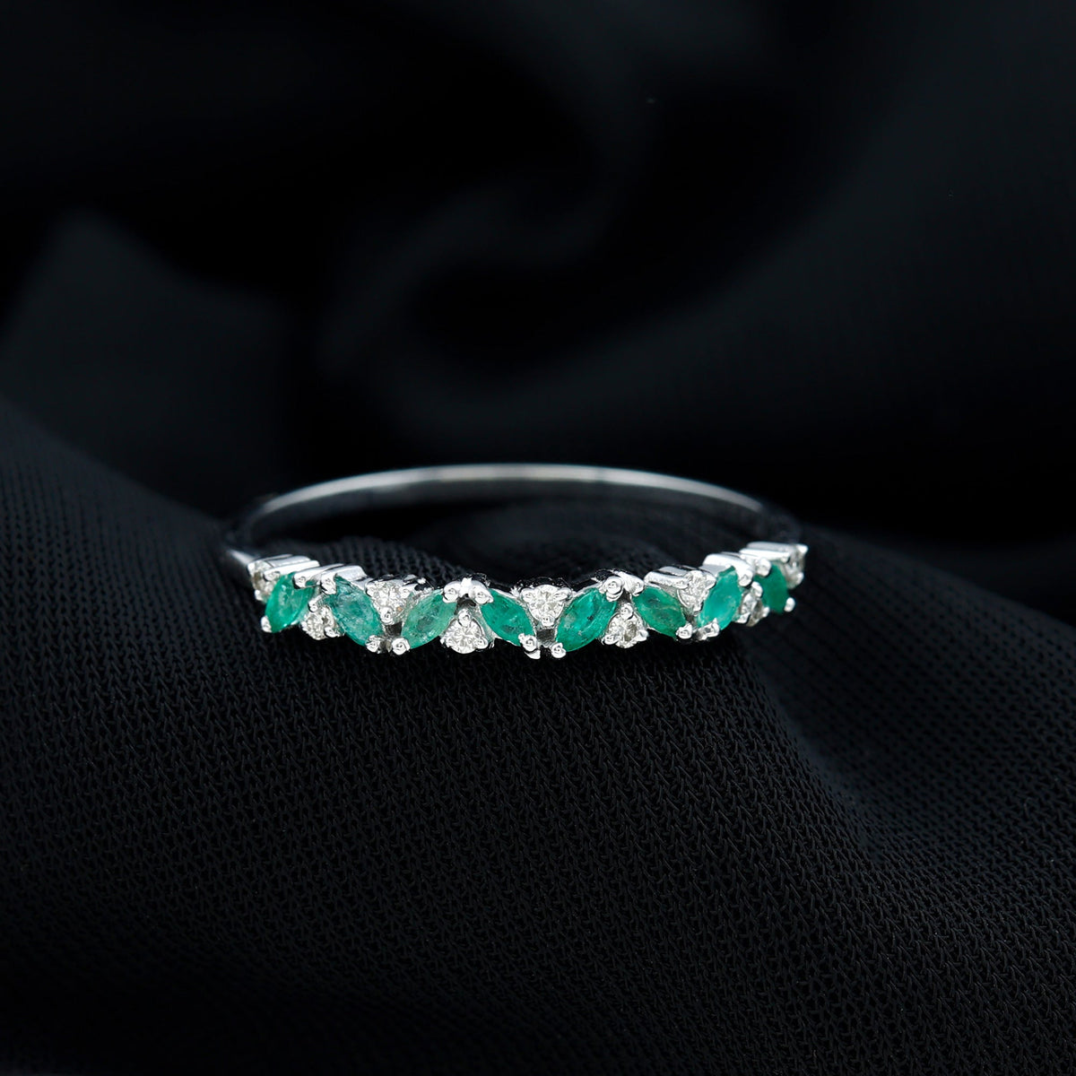 Emerald Eternity Ring – Marquise Emerald Half Ring with Diamond Prong Setting