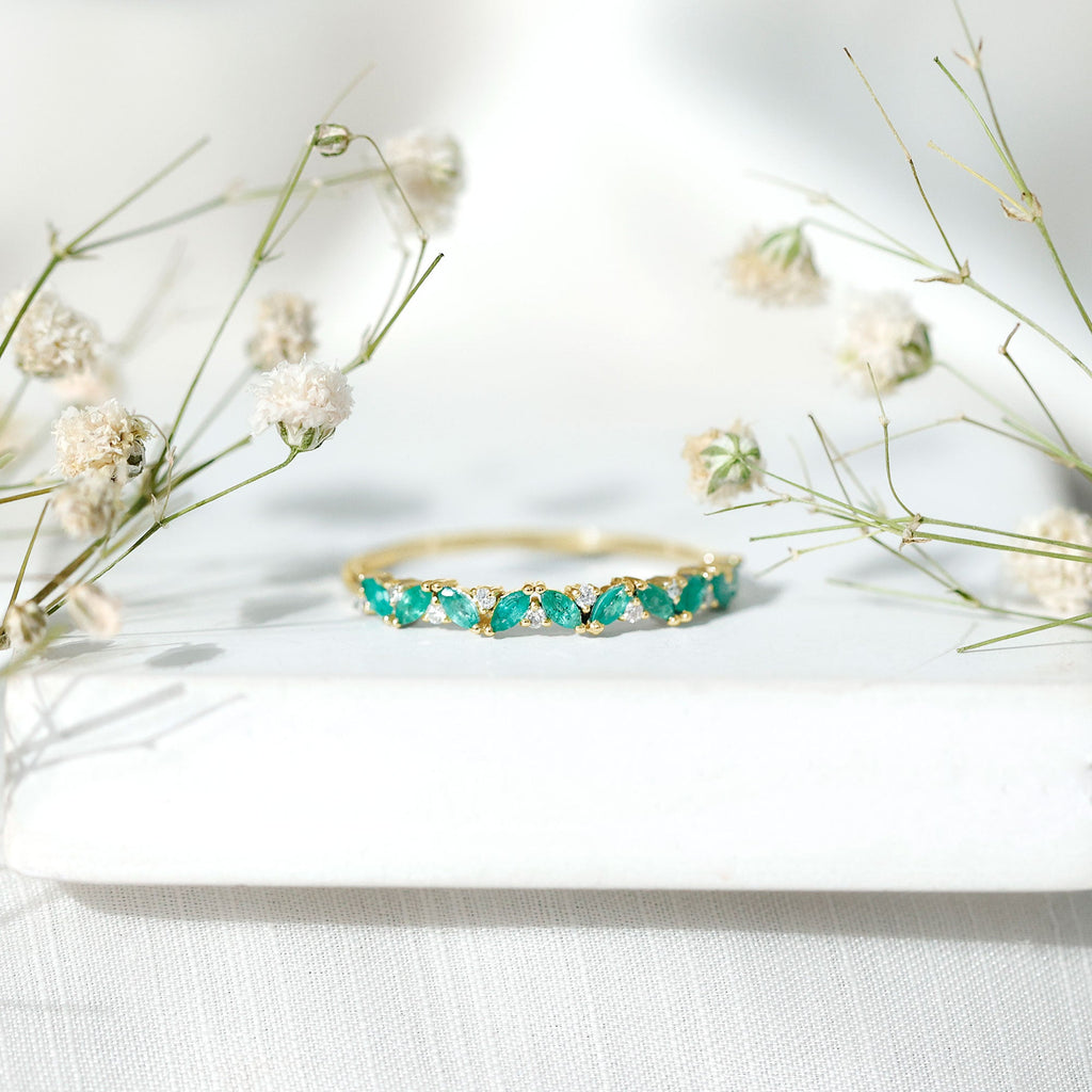 Emerald Eternity Ring – Marquise Emerald Half Ring with Diamond Prong Setting