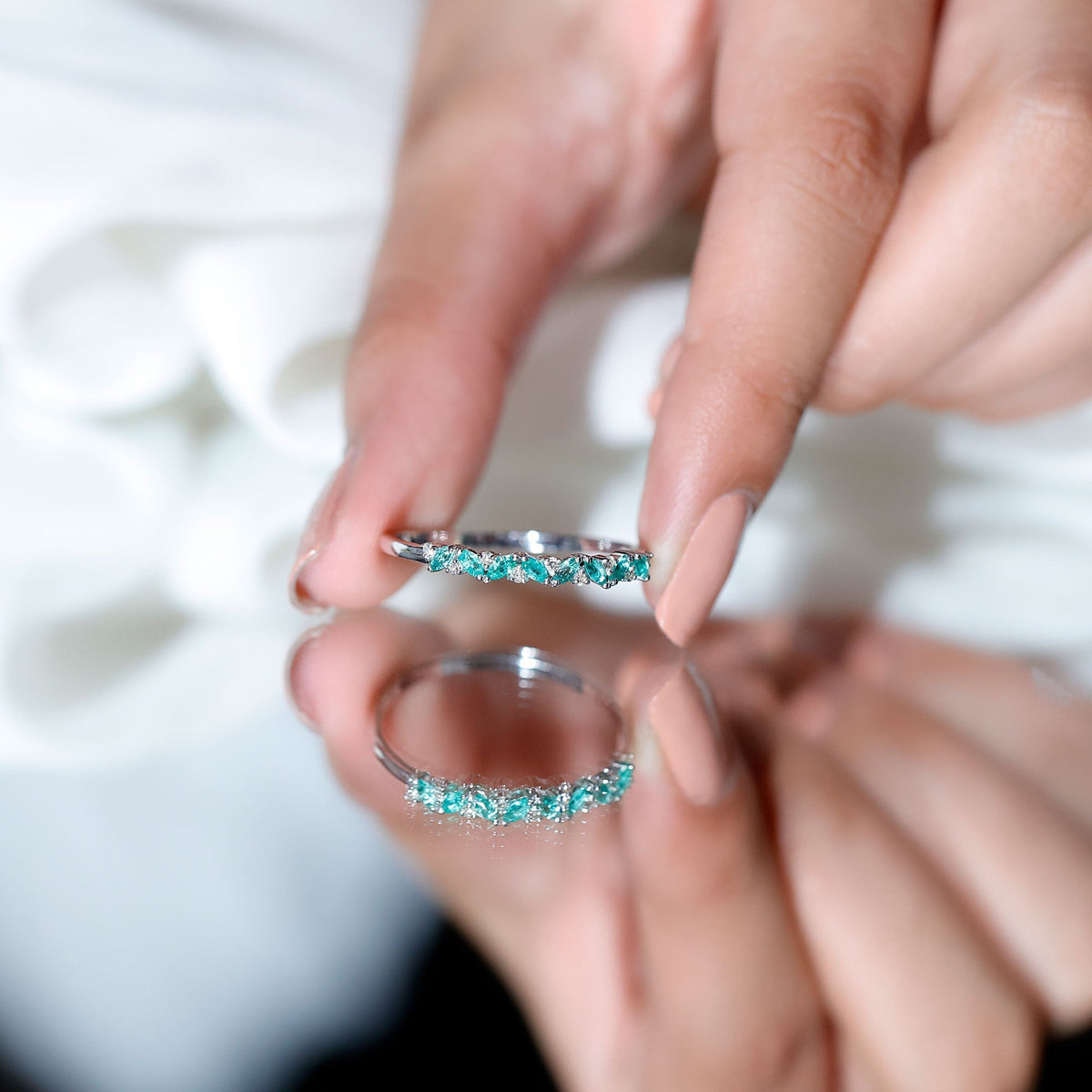 Emerald Eternity Ring – Marquise Emerald Half Ring with Diamond Prong Setting