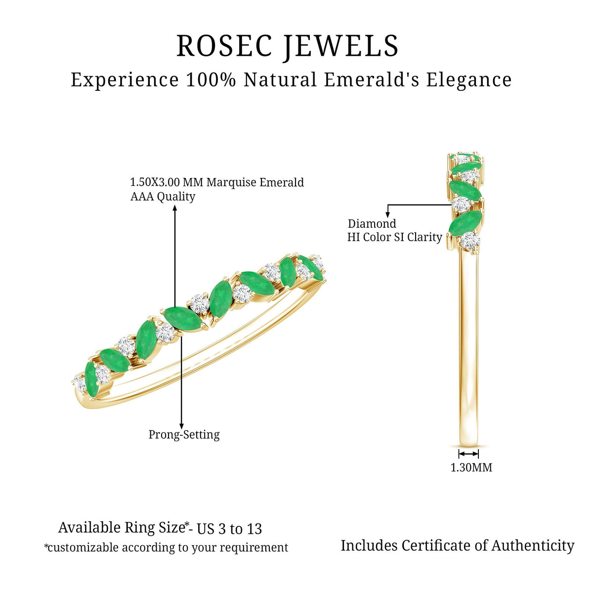 Emerald Eternity Ring – Marquise Emerald Half Ring with Diamond Prong Setting