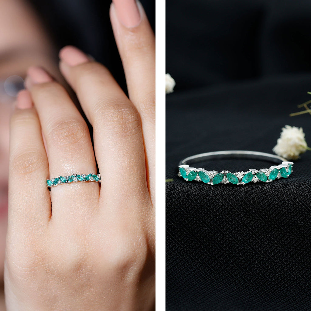 Emerald Eternity Ring – Marquise Emerald Half Ring with Diamond Prong Setting