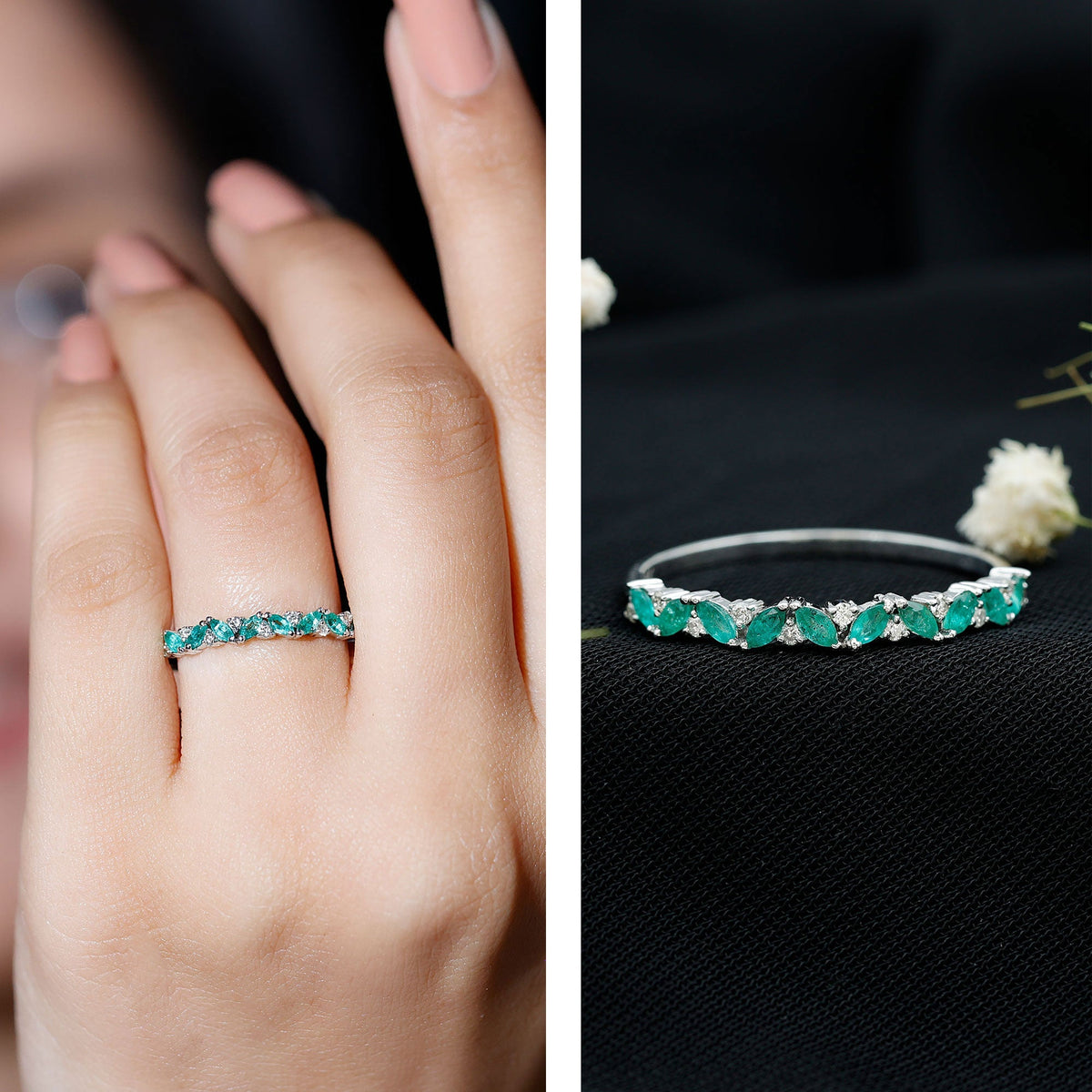 Emerald Eternity Ring – Marquise Emerald Half Ring with Diamond Prong Setting