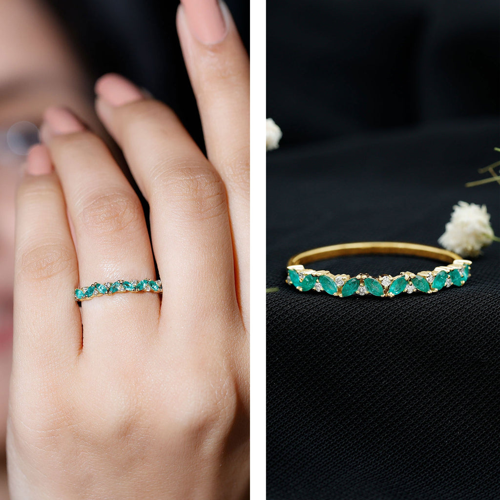 Emerald Eternity Ring – Marquise Emerald Half Ring with Diamond Prong Setting