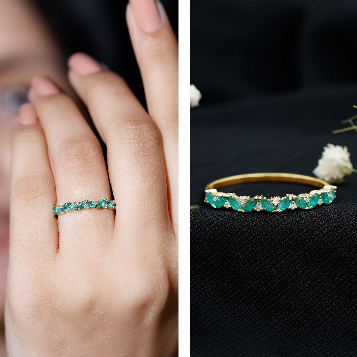 Emerald Eternity Ring – Marquise Emerald Half Ring with Diamond Prong Setting