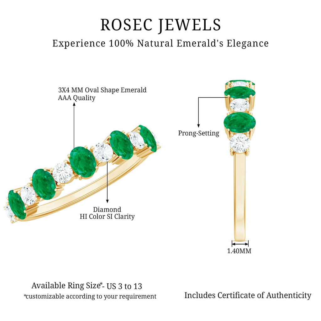 Emerald Eternity Ring - Semi Eternity Band With Oval Cut Emerald & Diamonds