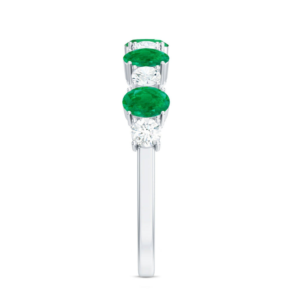 Emerald Eternity Ring - Semi Eternity Band With Oval Cut Emerald & Diamonds