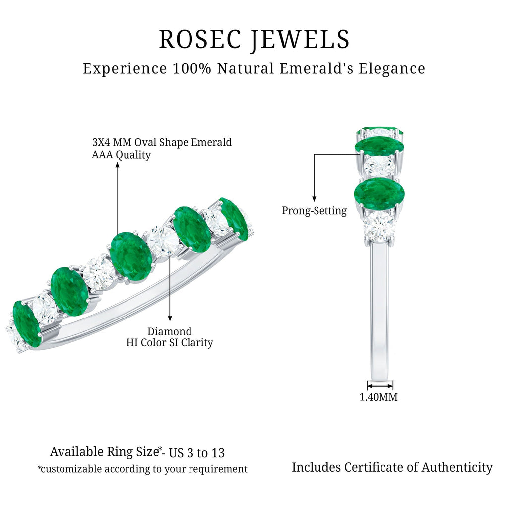 Emerald Eternity Ring - Semi Eternity Band With Oval Cut Emerald & Diamonds