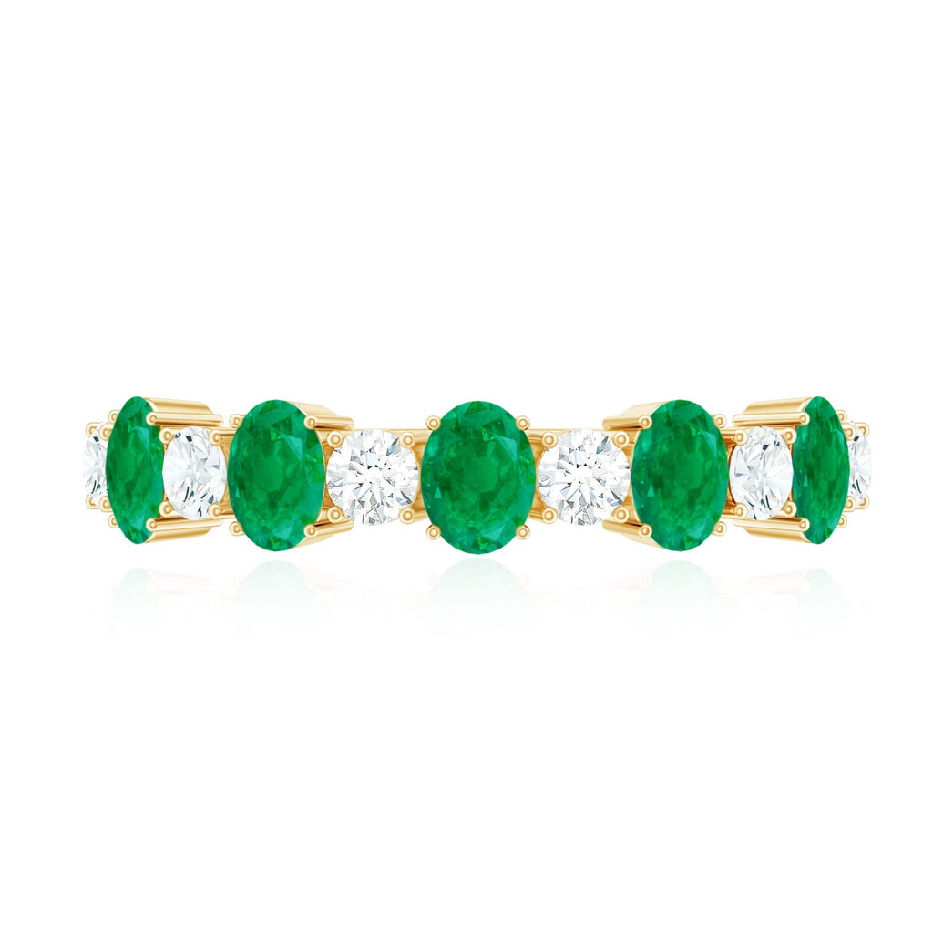 Emerald Eternity Ring - Semi Eternity Band With Oval Cut Emerald & Diamonds