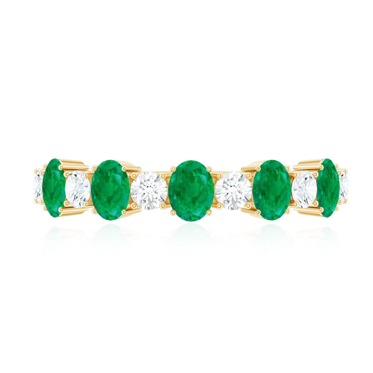 Emerald Eternity Ring - Semi Eternity Band With Oval Cut Emerald & Diamonds