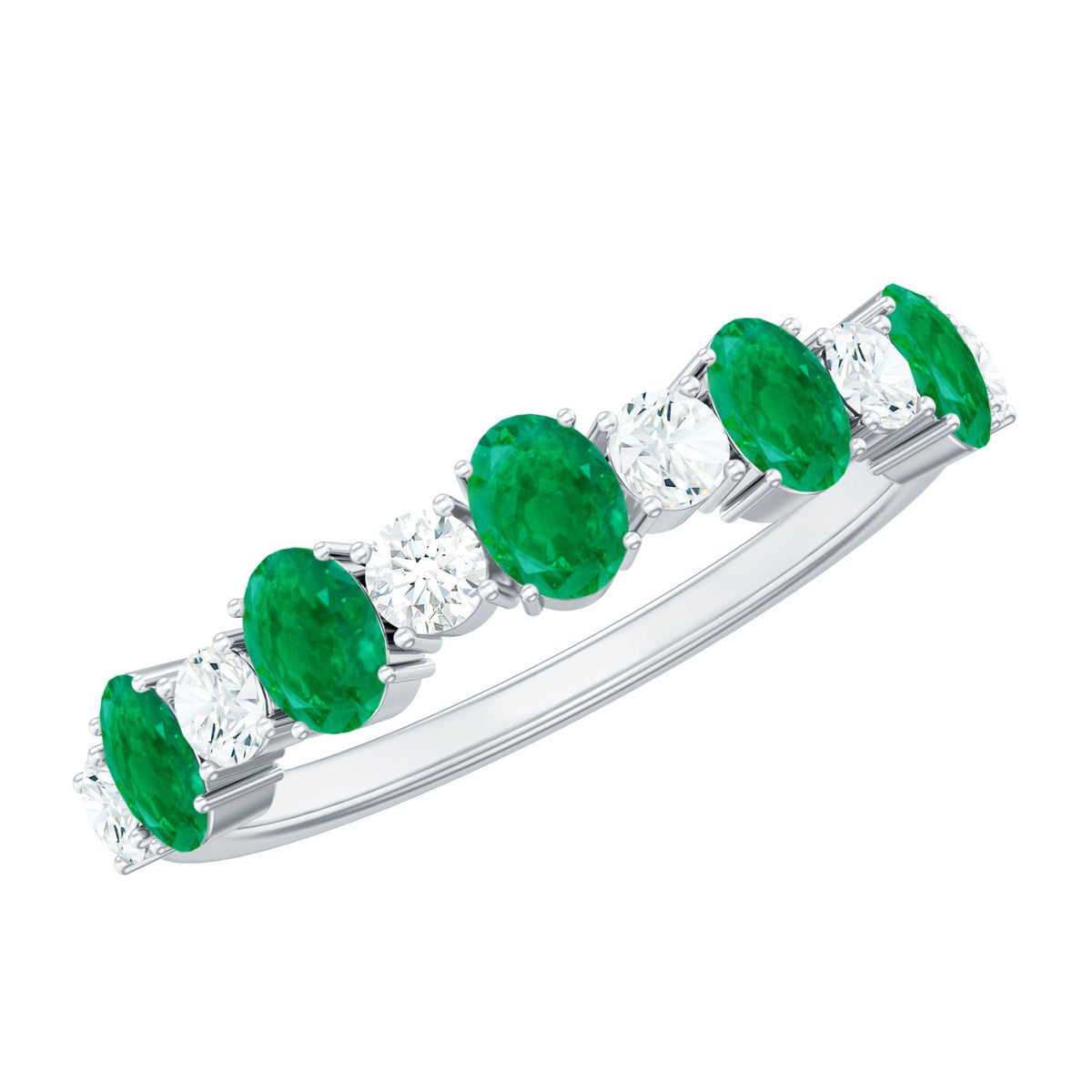 Emerald Eternity Ring - Semi Eternity Band With Oval Cut Emerald & Diamonds