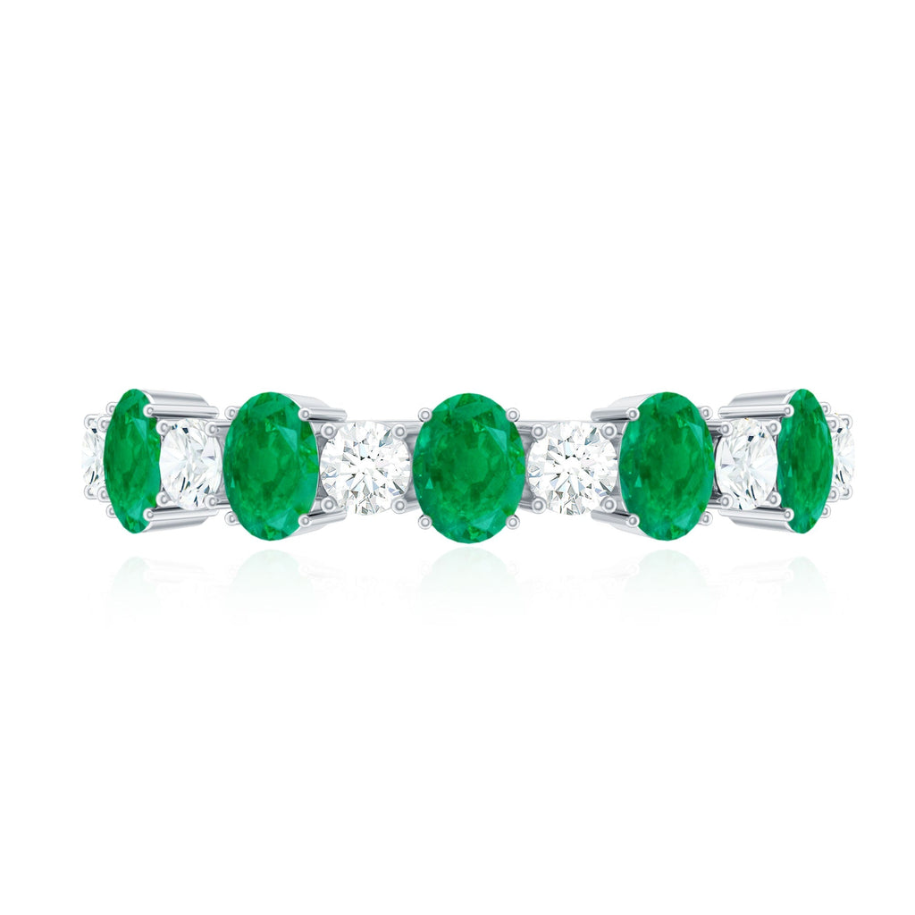 Emerald Eternity Ring - Semi Eternity Band With Oval Cut Emerald & Diamonds