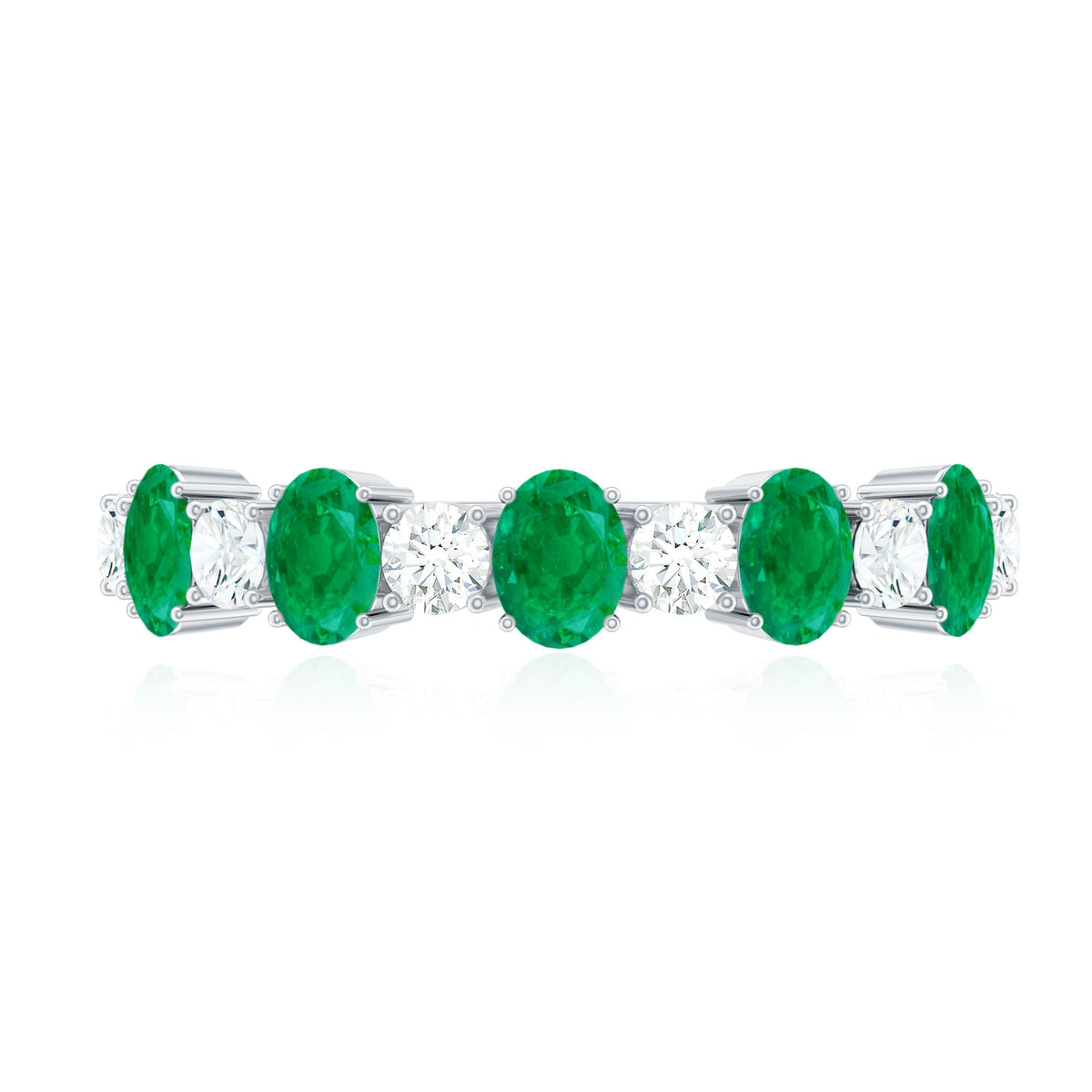 Emerald Eternity Ring - Semi Eternity Band With Oval Cut Emerald & Diamonds