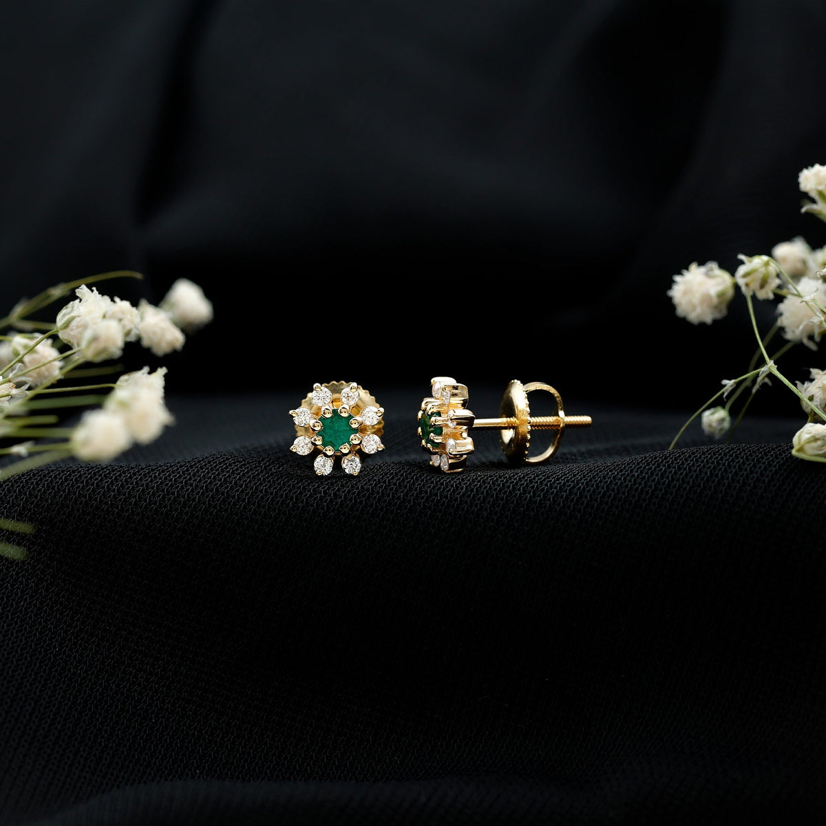 Emerald Floral Earrings – Diamond Stud Earrings With AAA Quality Emeralds | Screw Back Comfort