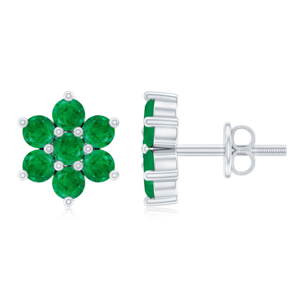 Emerald Flower Earrings – Natural Green Gemstone Studs with Screw Back Closure