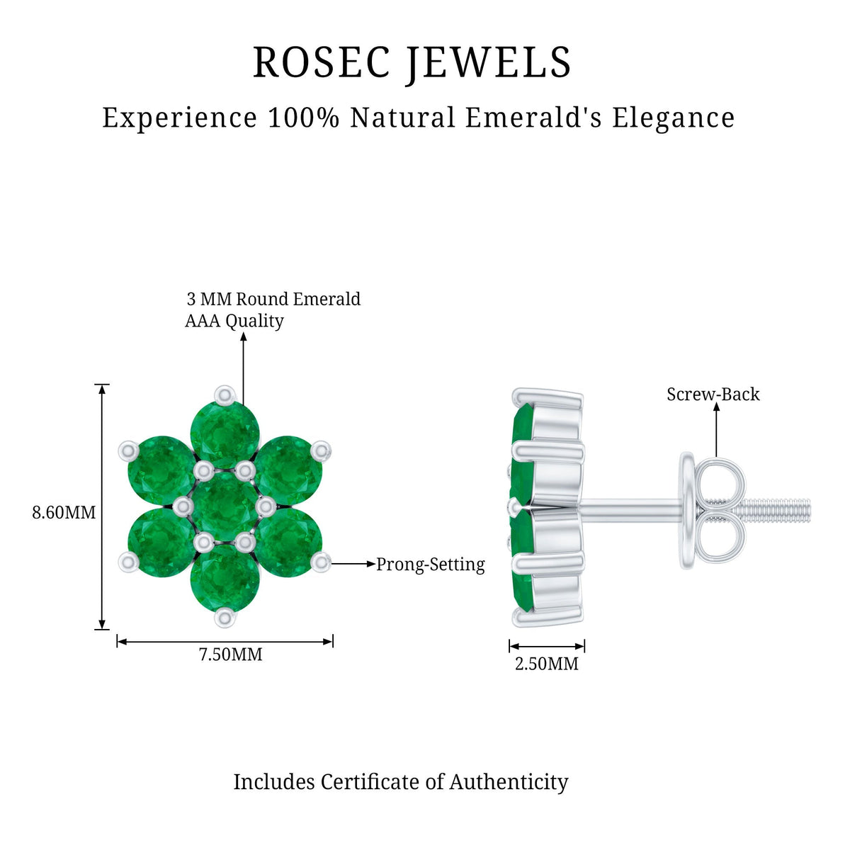 Emerald Flower Earrings – Natural Green Gemstone Studs with Screw Back Closure
