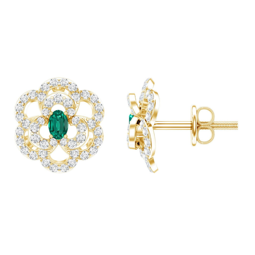 Emerald Flower Earrings – Yellow Gold Earrings with Lab Grown Emerald and Diamond Floral Studs