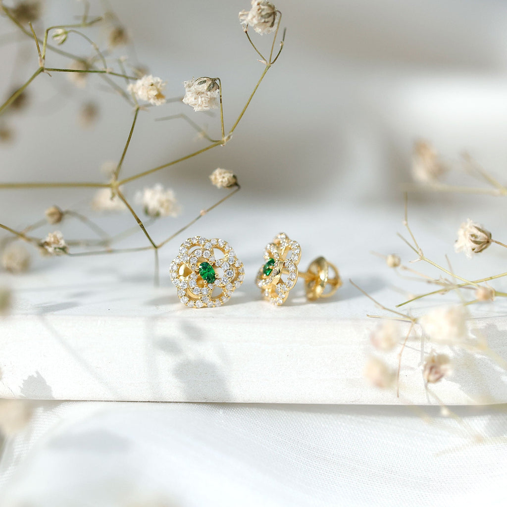 Emerald Flower Earrings – Yellow Gold Earrings with Lab Grown Emerald and Diamond Floral Studs