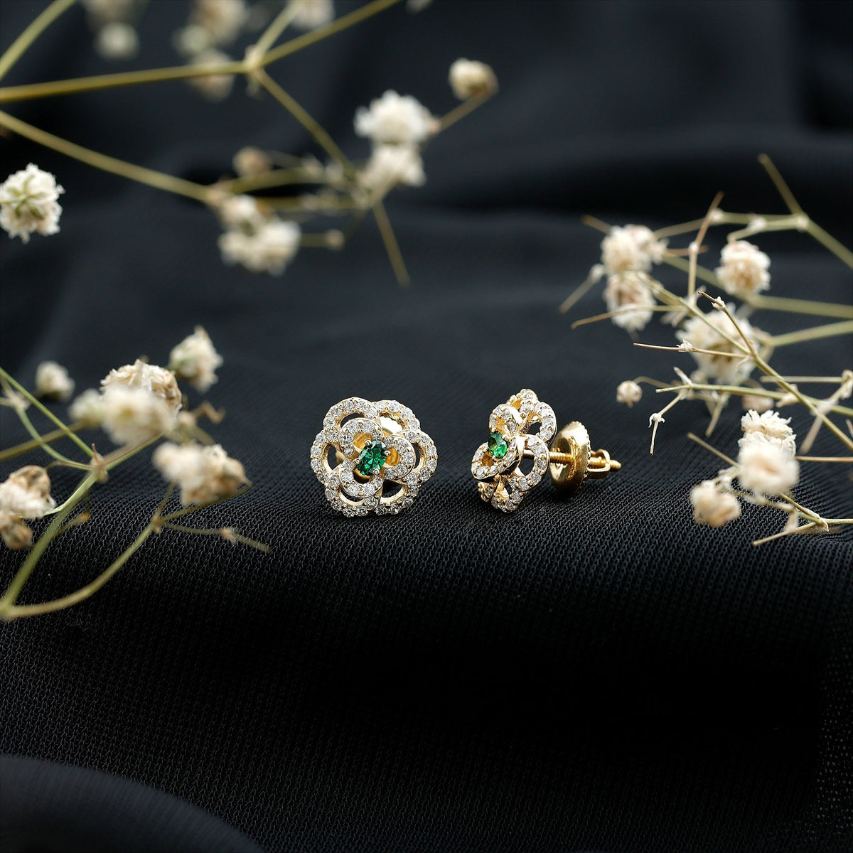 Emerald Flower Earrings – Yellow Gold Earrings with Lab Grown Emerald and Diamond Floral Studs