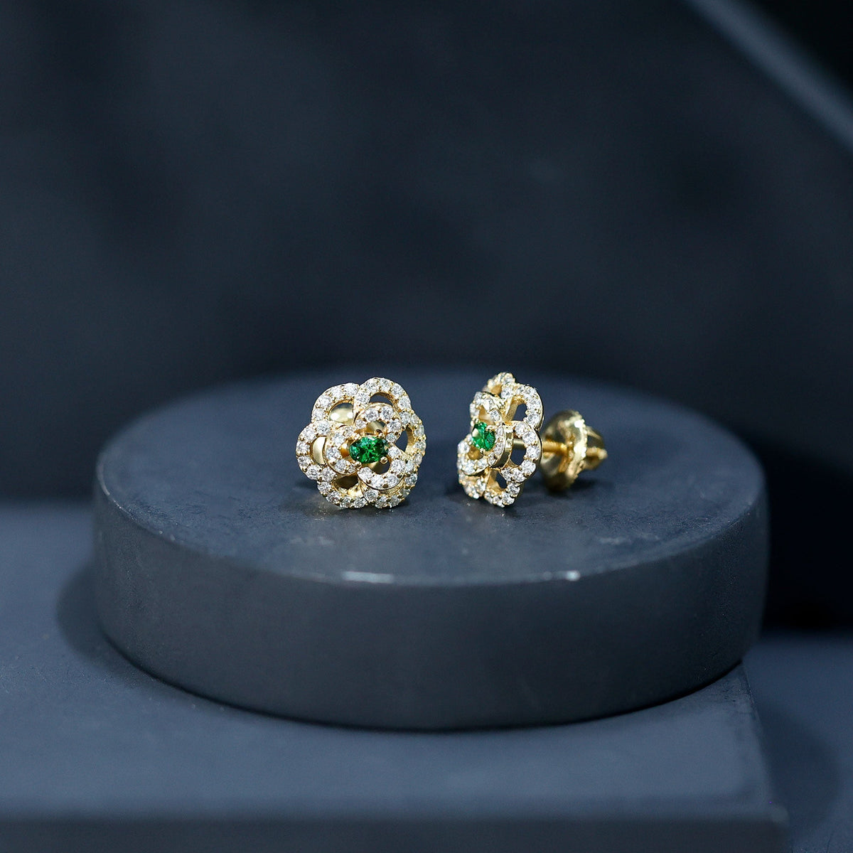 Emerald Flower Earrings – Yellow Gold Earrings with Lab Grown Emerald and Diamond Floral Studs