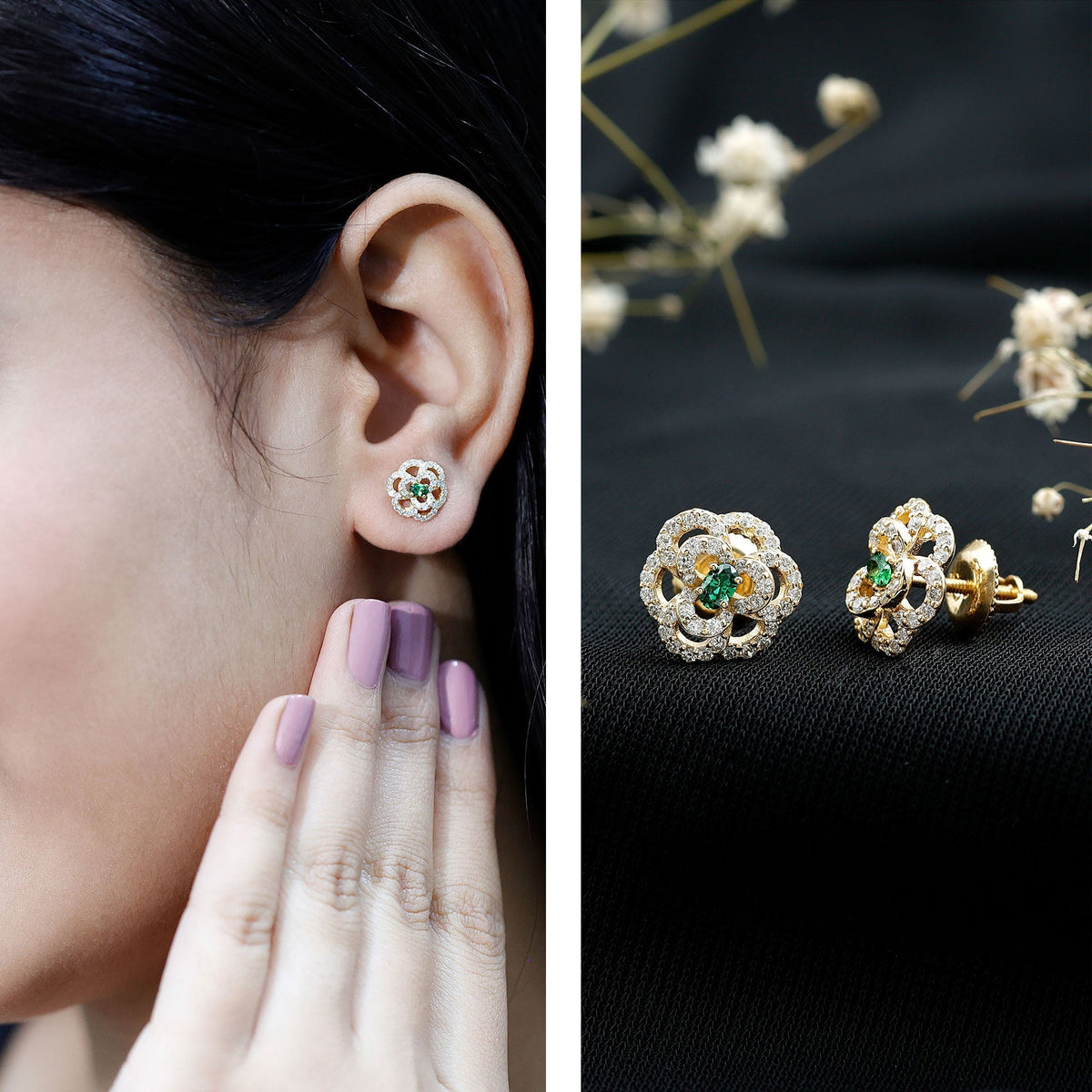 Emerald Flower Earrings – Yellow Gold Earrings with Lab Grown Emerald and Diamond Floral Studs