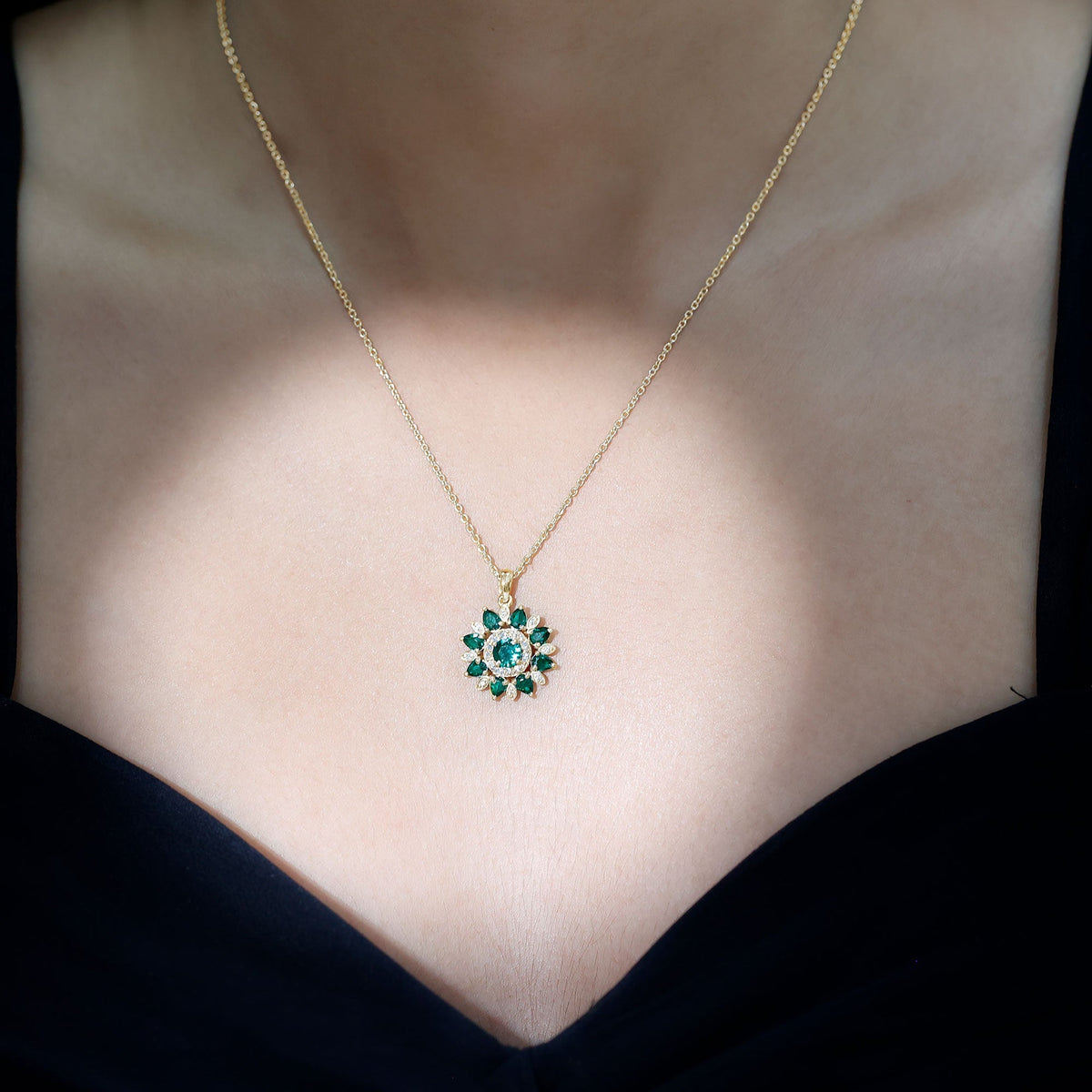 Emerald Flower Necklace – Lab Created Emerald Diamond Pendant | Sparkling Halo