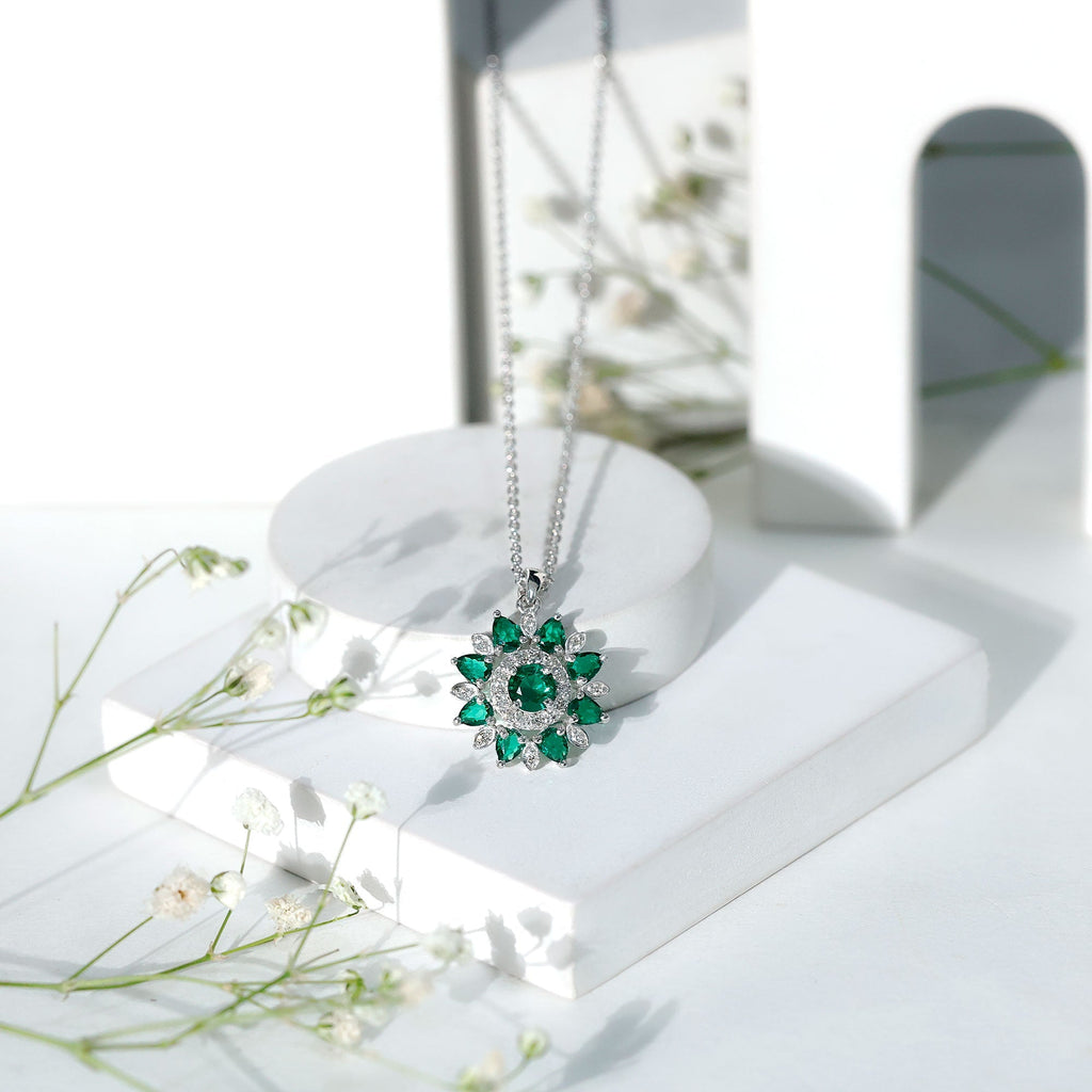 Emerald Flower Necklace – Lab Created Emerald Diamond Pendant | Sparkling Halo