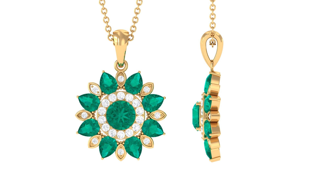 Emerald Flower Pendant Statement Necklace - Natural Emerald Jewelry With Diamonds